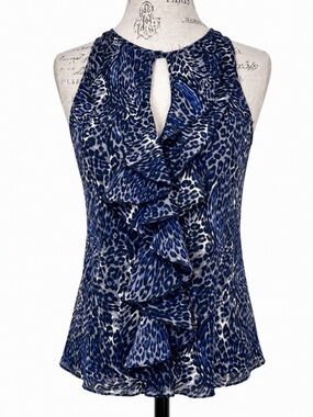 Parker 100% Silk Blue Animal Print Cascade Ruffle Sleeveless Blouse Medium NWOT!